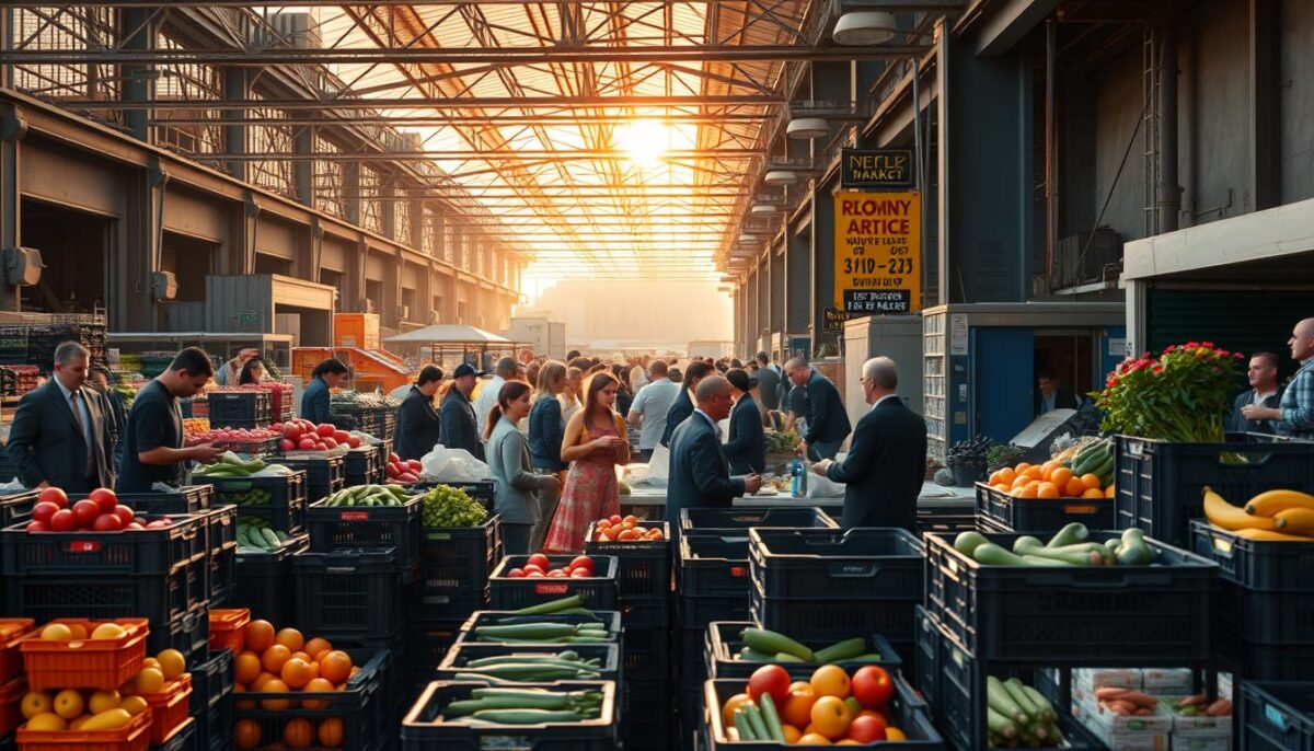 A bustling open-air market at Hunts Point, New York, with towering stacks of fresh produce crates filling the foreground. Buyers and sellers negotiate deals amidst the lively commotion, their faces illuminated by the warm morning sun filtering through the industrial-style warehouse buildings. The scene exudes an atmosphere of efficiency and commercial energy, capturing the essence of large-scale produce purchasing that empowers local restaurants to procure high-quality ingredients at favorable wholesale prices. Captured with a wide-angle lens to showcase the scale and dynamism of this vibrant commercial hub.