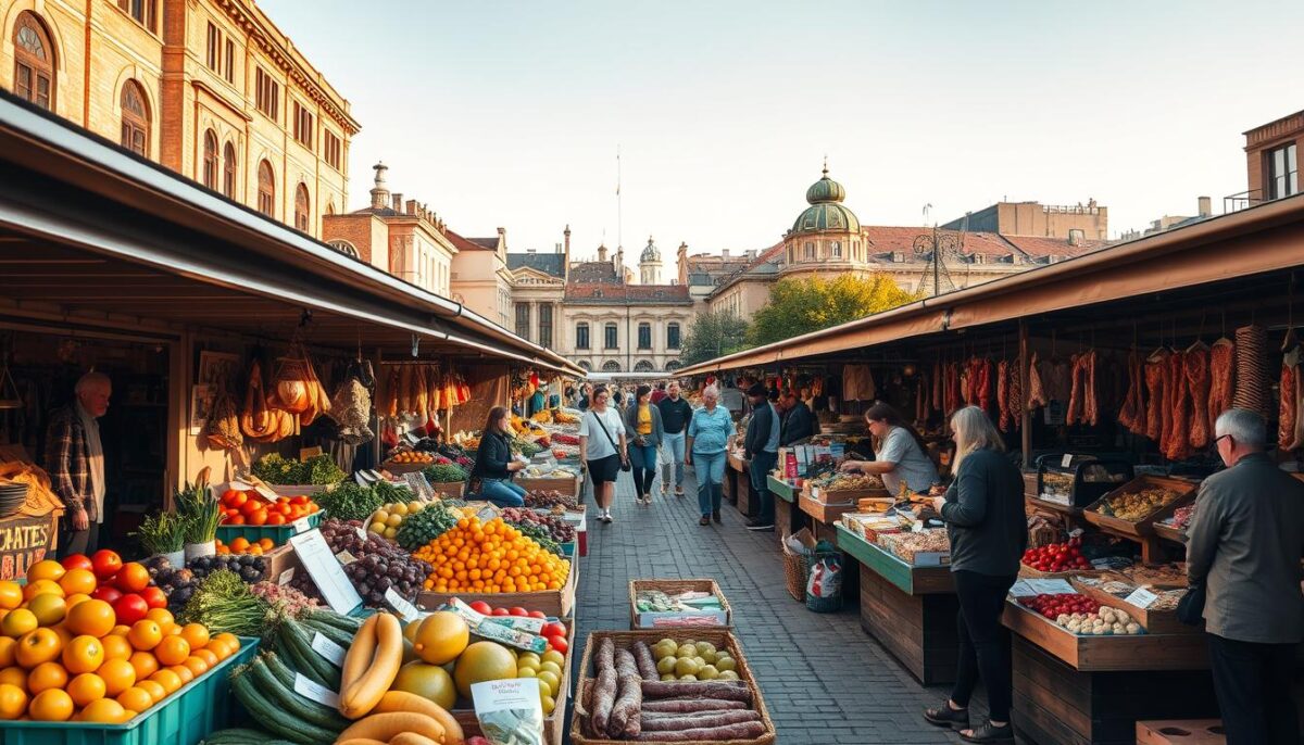 A bustling open-air market with local food producers showcasing their wares. In the foreground, colorful stalls display an array of fresh produce, meats, and artisanal goods. Warm natural lighting casts a golden glow, highlighting the vibrant colors and textures. In the middle ground, shoppers browse the stalls, chatting with the friendly vendors. The background features a mix of historic buildings and modern structures, creating a charming blend of old and new. The overall atmosphere conveys a sense of community, sustainability, and the pride of supporting local businesses.