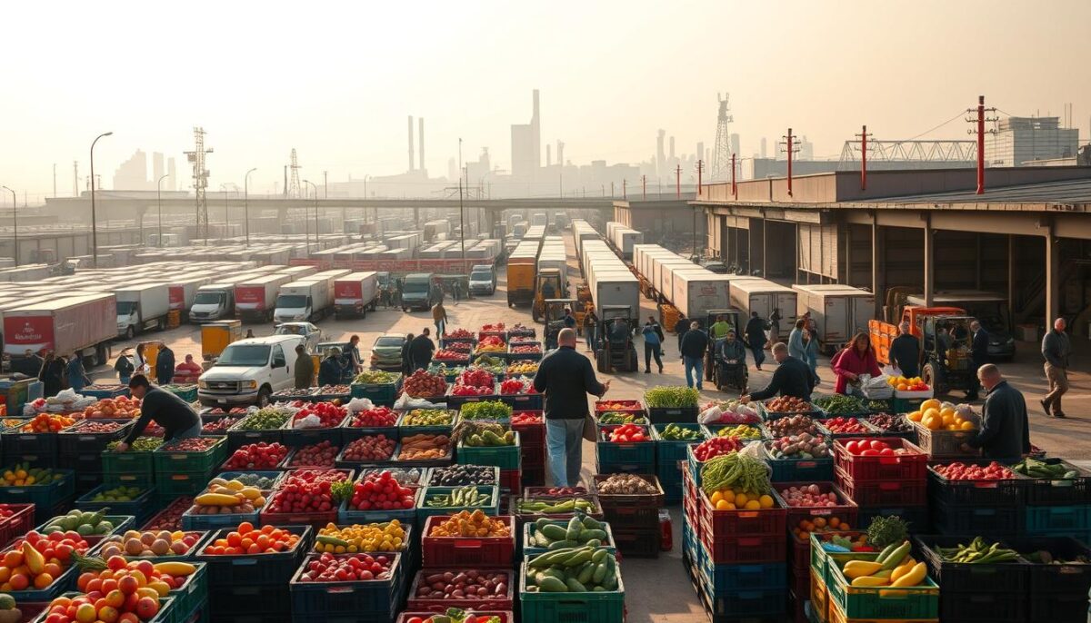 A bustling open-air produce market in the Bronx, Hunts Point Produce Market is a vibrant hub of activity. In the foreground, rows of colorful crates overflow with an abundance of fresh fruits and vegetables, their aromas wafting through the air. The middle ground features a maze of busy pedestrians and forklifts, as workers meticulously load and unload deliveries. In the background, a sea of industrial warehouses and trucks creates a dynamic industrial backdrop, bathed in warm, golden afternoon light filtered through a hazy sky. The scene conveys a sense of commerce, community, and the hard work that powers the Bronx's thriving produce trade.