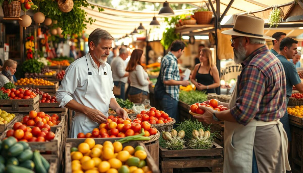 A bustling outdoor market, sun-dappled stalls overflowing with seasonal produce. Wooden crates and wicker baskets brimming with vibrant fruits and vegetables, their colors and textures reflecting the rhythms of nature. In the foreground, a buyer in a crisp white apron examines a basket of ripe tomatoes, negotiating a deal with a weathered farmer. Surrounding them, fellow restaurateurs browse the stalls, carefully selecting the freshest ingredients to incorporate into their menus. The scene is alive with the energy of commerce, a dance of supply and demand in harmony with the changing seasons.