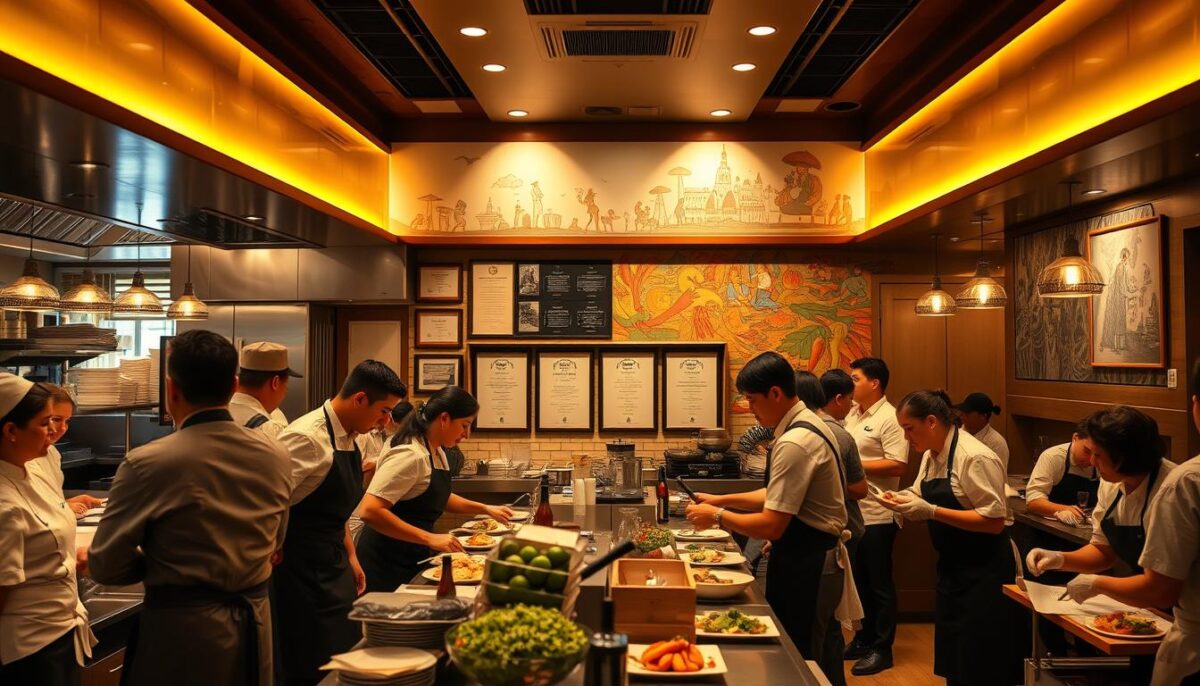 A bustling restaurant kitchen, illuminated by warm, golden lighting. In the foreground, a team of chefs and servers work in harmony, their faces filled with pride and focus as they prepare delectable dishes and provide attentive service. The middle ground showcases a display of employee recognition awards, certificates, and photographs, highlighting the management's commitment to rewarding excellence. In the background, a vibrant mural depicts the restaurant's culinary journey, symbolizing the growth and dedication of the staff. The atmosphere exudes a sense of camaraderie, professionalism, and a shared purpose to deliver an exceptional dining experience.