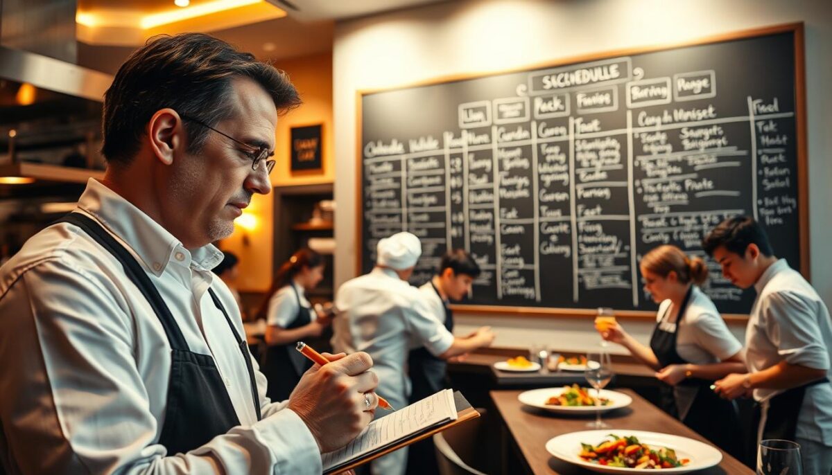 A bustling restaurant kitchen, with chefs in crisp white uniforms expertly navigating a well-organized schedule displayed on a large chalkboard. The lighting is a warm, natural glow, casting a cozy ambiance over the scene. In the foreground, a manager reviews the schedule, making notes with a weathered pencil, their brow furrowed in concentration. In the background, servers dart between tables, delivering plates of delectable dishes to hungry patrons. The overall atmosphere conveys the methodical precision required to coordinate a successful restaurant operation, with every staff member playing a vital role in the well-oiled machine.