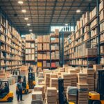 A bustling warehouse interior, filled with towering shelves stocked with an abundance of diverse food products. Forklifts deftly navigate the space, carrying pallets of neatly organized boxes and crates. The lighting is a blend of warm, overhead spotlights and cool, natural daylight filtering in through large windows. The atmosphere conveys a sense of efficiency, organization, and the sheer scale of the food distribution industry. In the foreground, a group of workers in uniforms carefully inspect and label incoming shipments, while in the background, a team of managers oversees the operations from a raised office platform. The scene captures the intricate network of logistics and the critical role of wholesale food distributors in the supply chain.