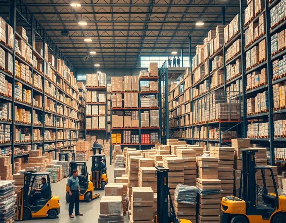 A bustling warehouse interior, filled with towering shelves stocked with an abundance of diverse food products. Forklifts deftly navigate the space, carrying pallets of neatly organized boxes and crates. The lighting is a blend of warm, overhead spotlights and cool, natural daylight filtering in through large windows. The atmosphere conveys a sense of efficiency, organization, and the sheer scale of the food distribution industry. In the foreground, a group of workers in uniforms carefully inspect and label incoming shipments, while in the background, a team of managers oversees the operations from a raised office platform. The scene captures the intricate network of logistics and the critical role of wholesale food distributors in the supply chain.