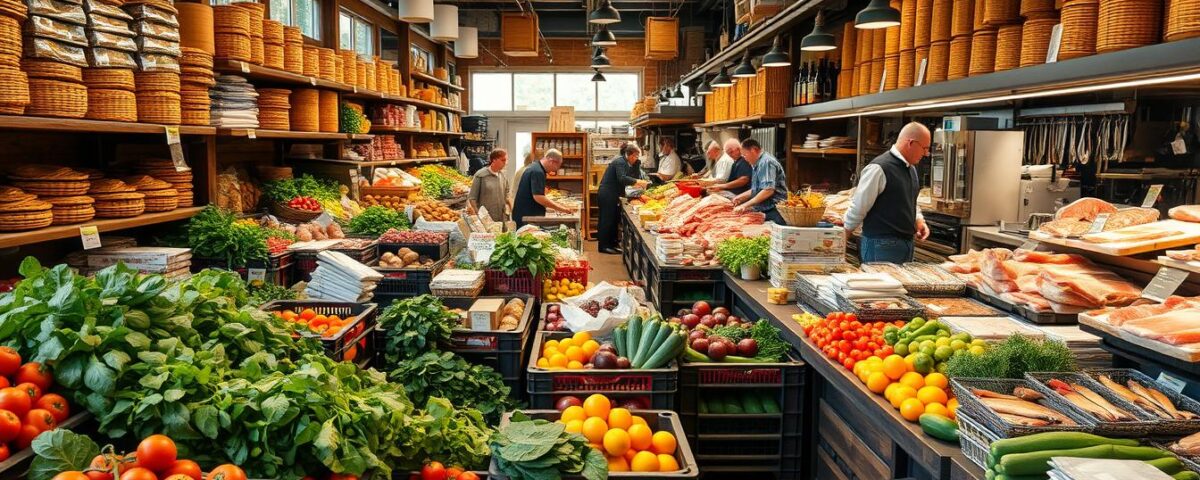 A bustling wholesale food market for restaurants, with an array of fresh produce, meat, seafood, and dry goods neatly arranged on wooden shelves and steel racks. The scene is bathed in warm, natural lighting, casting gentle shadows and highlights across the diverse selection of high-quality ingredients. In the foreground, crates of ripe tomatoes, leafy greens, and vibrant citrus fruits beckon, while in the middle ground, butchers trim premium cuts of beef and fishmongers display glistening, just-caught seafood. The background is filled with the activity of restaurateurs and chefs, carefully inspecting and selecting the finest ingredients to stock their kitchens, all under the watchful eye of experienced market vendors.