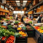 A bustling wholesale food market for restaurants, with an array of fresh produce, meat, seafood, and dry goods neatly arranged on wooden shelves and steel racks. The scene is bathed in warm, natural lighting, casting gentle shadows and highlights across the diverse selection of high-quality ingredients. In the foreground, crates of ripe tomatoes, leafy greens, and vibrant citrus fruits beckon, while in the middle ground, butchers trim premium cuts of beef and fishmongers display glistening, just-caught seafood. The background is filled with the activity of restaurateurs and chefs, carefully inspecting and selecting the finest ingredients to stock their kitchens, all under the watchful eye of experienced market vendors.
