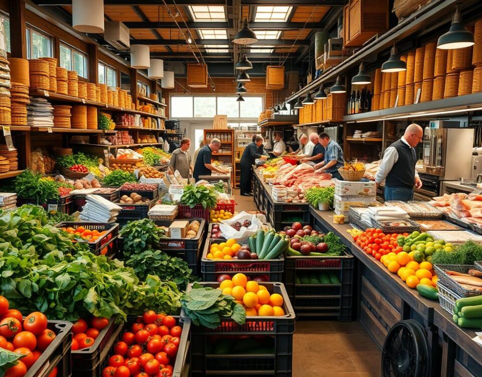 A bustling wholesale food market for restaurants, with an array of fresh produce, meat, seafood, and dry goods neatly arranged on wooden shelves and steel racks. The scene is bathed in warm, natural lighting, casting gentle shadows and highlights across the diverse selection of high-quality ingredients. In the foreground, crates of ripe tomatoes, leafy greens, and vibrant citrus fruits beckon, while in the middle ground, butchers trim premium cuts of beef and fishmongers display glistening, just-caught seafood. The background is filled with the activity of restaurateurs and chefs, carefully inspecting and selecting the finest ingredients to stock their kitchens, all under the watchful eye of experienced market vendors.