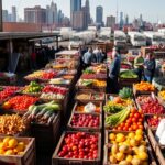 A bustling wholesale market in New York City, showcasing an array of fresh produce, specialty foods, and gourmet ingredients. In the foreground, rows of wooden crates and baskets brimming with vibrant fruits and vegetables, their colors and textures captured in a warm, natural light. In the middle ground, wholesalers and buyers haggle over prices, their voices mingling with the sounds of carts rolling and forklifts beeping. In the background, a network of towering warehouses and loading docks, a testament to the city's thriving food industry. The scene exudes a sense of energy, efficiency, and the abundance of culinary possibilities that the New York Terminal Market has to offer.