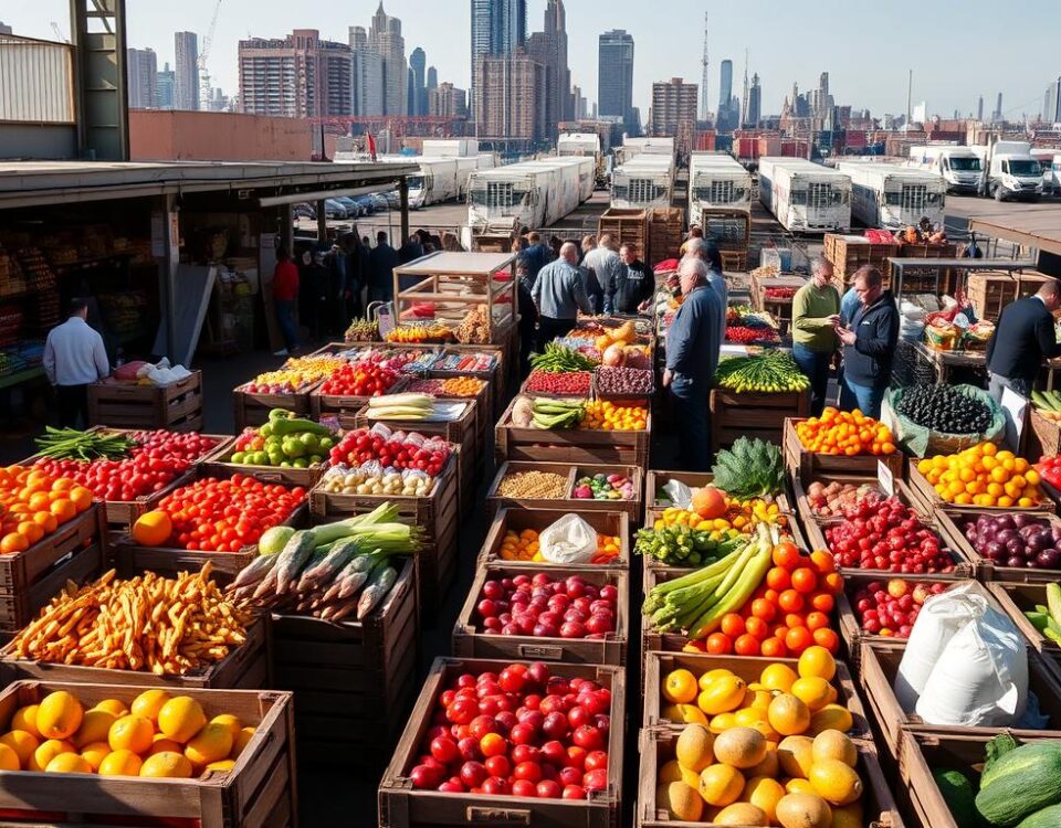 A bustling wholesale market in New York City, showcasing an array of fresh produce, specialty foods, and gourmet ingredients. In the foreground, rows of wooden crates and baskets brimming with vibrant fruits and vegetables, their colors and textures captured in a warm, natural light. In the middle ground, wholesalers and buyers haggle over prices, their voices mingling with the sounds of carts rolling and forklifts beeping. In the background, a network of towering warehouses and loading docks, a testament to the city's thriving food industry. The scene exudes a sense of energy, efficiency, and the abundance of culinary possibilities that the New York Terminal Market has to offer.