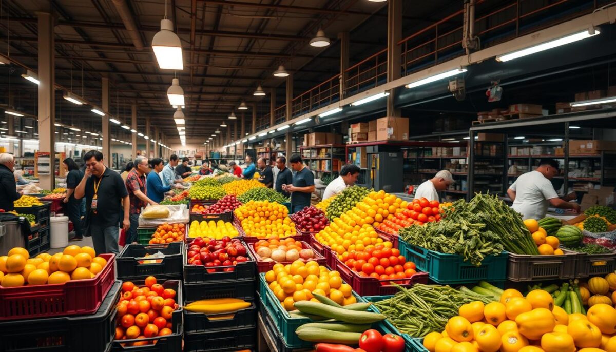 A bustling wholesale produce market, illuminated by warm overhead lighting. In the foreground, stacks of crates overflow with vibrant fruits and vegetables, their colors and textures captured in crisp detail. In the middle ground, buyers and sellers negotiate deals, their gestures and expressions conveying the dynamic energy of the space. The background reveals a maze of shelves and storage units, showcasing the intricate logistics of this wholesale hub. The scene exudes a sense of efficiency and organization, hinting at the complex supply chain that brings fresh produce to the city's tables.