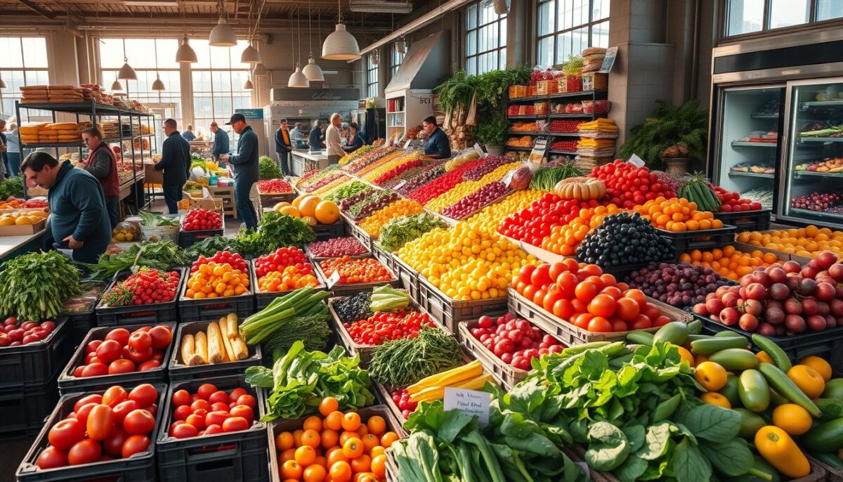 A bustling wholesale produce market in the heart of New York City, overflowing with vibrant seasonal fruits and vegetables. Crates and baskets brimming with a cornucopia of colors - juicy tomatoes, crisp leafy greens, plump berries, and more. Sunlight streams in through large windows, casting a warm glow over the scene. Buyers and sellers negotiate deals, the air filled with the aroma of ripe produce. Shelves and refrigerated cases showcase the bounty, inviting the viewer to imagine the delicious meals that could be created from these fresh, seasonal ingredients.
