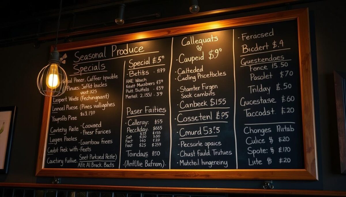 A chalkboard menu board hangs on the wall of a cozy, dimly-lit New York restaurant. The menu showcases a variety of seasonal produce items and their corresponding prices, artfully arranged in a visually appealing layout. The lighting casts a warm, inviting glow, highlighting the handwritten specials and creating an atmosphere of thoughtful consideration of both profitability and customer experience. The scene conveys a sense of balance between the practical business needs and the desire to provide a memorable dining experience in the heart of the city.
