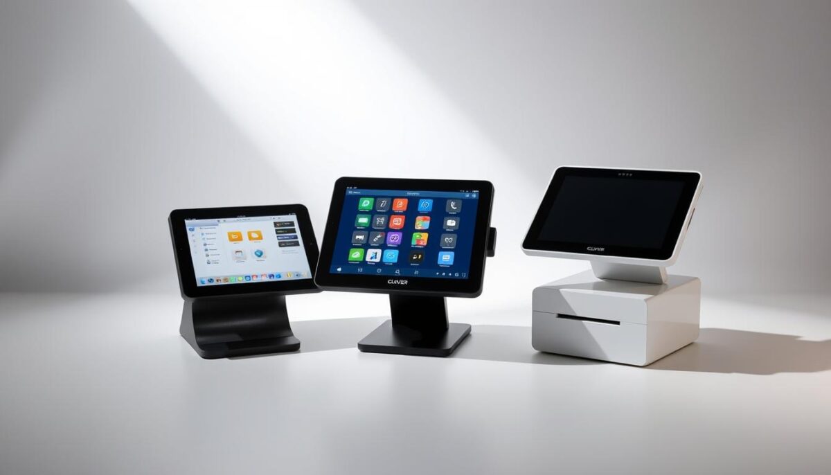A comparative display of three modern point-of-sale (POS) systems - Toast, Square, and Clover - presented in a sleek, minimalist composition. The three devices are arranged in a clean, well-lit studio setting, their screens showcasing their distinct interfaces and capabilities. Subtle shadows and soft highlights convey a sense of depth and dimension, while a neutral background allows the POS systems to take center stage. The overall mood is professional, informative, and visually engaging, inviting the viewer to closely examine the unique features and benefits of each POS option.