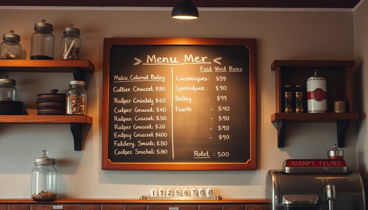A cozy diner-style scene, with a vintage chalkboard menu board hanging on the wall, showcasing hand-written menu items and their corresponding prices. Warm, muted lighting illuminates the scene, creating a welcoming atmosphere. The menu is the focal point, surrounded by rustic wooden shelves displaying classic diner-inspired decor, such as glass jars, vintage salt and pepper shakers, and a retro cash register. The overall composition suggests a carefully curated, homely setting, inviting the viewer to imagine the delicious meals and the thoughtful pricing strategy behind this charming establishment.