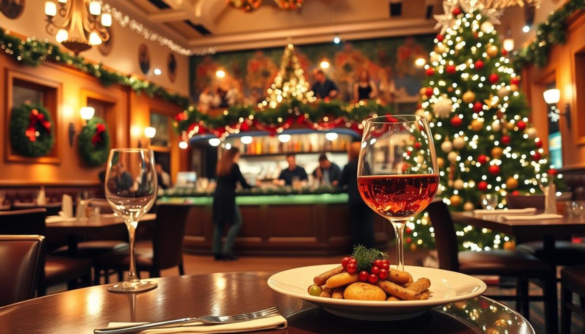 A cozy, festive restaurant interior with warm lighting and holiday decor. In the foreground, a beautifully presented holiday-themed dish on a table, with a glass of wine and a napkin. The middle ground features a busy bar area with bartenders mixing cocktails and patrons enjoying drinks. In the background, a large Christmas tree adorned with twinkling lights, garlands, and ornaments. The overall atmosphere is inviting, joyful, and evocative of the holiday season, capturing the essence of effective restaurant holiday marketing for social media.