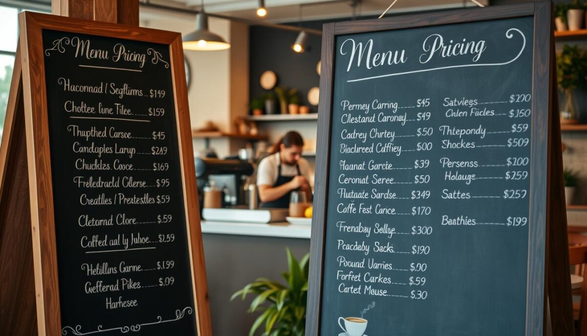 A cozy, modern café setting with a chalkboard menu board in the foreground, featuring a range of tempting food and drink items with their prices displayed in an elegant cursive font. In the middle ground, a barista expertly crafts a latte, while the background showcases the café's warm, inviting ambiance with wooden furnishings, soft lighting, and potted plants. The overall scene conveys a sense of thoughtful menu pricing strategy, designed to entice and satisfy customers while maintaining profitability.
