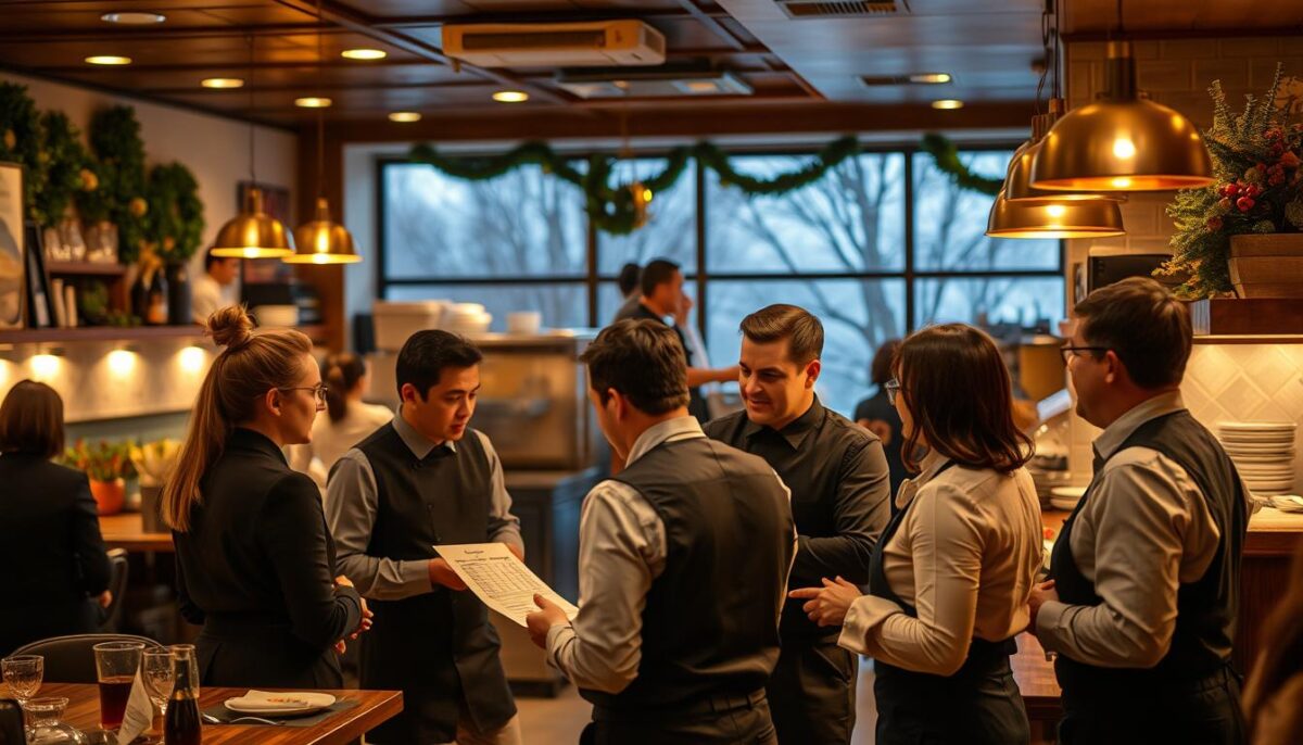 A cozy restaurant interior on a winter evening, with a warm, inviting atmosphere. In the foreground, a group of employees in uniforms are engaged in a discussion, gesturing and collaborating. In the middle ground, the manager is reviewing a schedule, while in the background, the kitchen staff can be seen preparing seasonal dishes. Soft, ambient lighting casts a golden glow, and the overall scene conveys a sense of strategic planning and teamwork for the upcoming busy season.