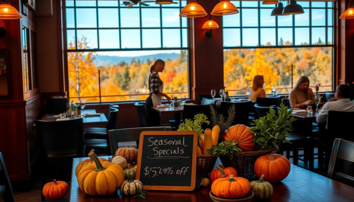 A cozy restaurant interior with warm lighting and wooden furnishings. In the foreground, a table is set with seasonal produce, such as pumpkins, gourds, and fresh herbs. On the table, a chalkboard sign displays "Seasonal Specials" highlighting discounted prices. In the middle ground, servers move between tables, efficiently providing top-notch service. The background features large windows overlooking a scenic autumn landscape, with colorful foliage and a clear blue sky. The overall atmosphere conveys a sense of comfort, value, and celebration of the changing seasons.