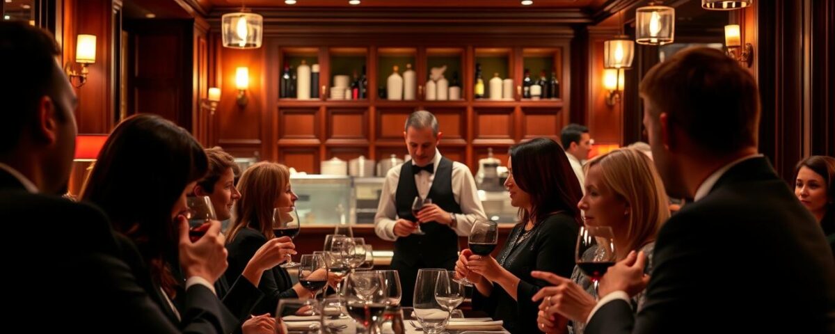 A cozy, upscale restaurant interior with warm lighting and elegant decor. In the foreground, a group of well-dressed customers are engaged in lively conversation, sipping wine and savoring their meals. The middle ground features a attentive server, anticipating the needs of the guests. In the background, the restaurant's staff is discreetly working to ensure an exceptional dining experience, meticulously preparing dishes and maintaining the impeccable ambiance. The overall mood is one of refined sophistication, where the focus is on personalized service and creating a memorable experience that will keep customers coming back.