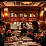 A cozy, upscale restaurant interior with warm lighting and elegant decor. In the foreground, a group of well-dressed customers are engaged in lively conversation, sipping wine and savoring their meals. The middle ground features a attentive server, anticipating the needs of the guests. In the background, the restaurant's staff is discreetly working to ensure an exceptional dining experience, meticulously preparing dishes and maintaining the impeccable ambiance. The overall mood is one of refined sophistication, where the focus is on personalized service and creating a memorable experience that will keep customers coming back.