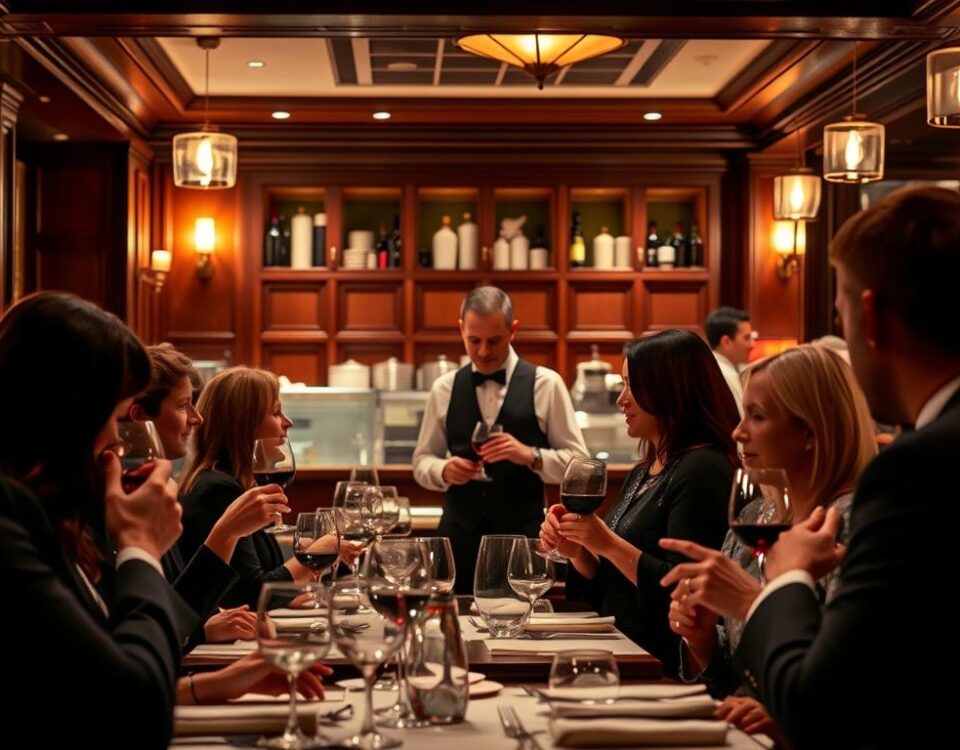 A cozy, upscale restaurant interior with warm lighting and elegant decor. In the foreground, a group of well-dressed customers are engaged in lively conversation, sipping wine and savoring their meals. The middle ground features a attentive server, anticipating the needs of the guests. In the background, the restaurant's staff is discreetly working to ensure an exceptional dining experience, meticulously preparing dishes and maintaining the impeccable ambiance. The overall mood is one of refined sophistication, where the focus is on personalized service and creating a memorable experience that will keep customers coming back.
