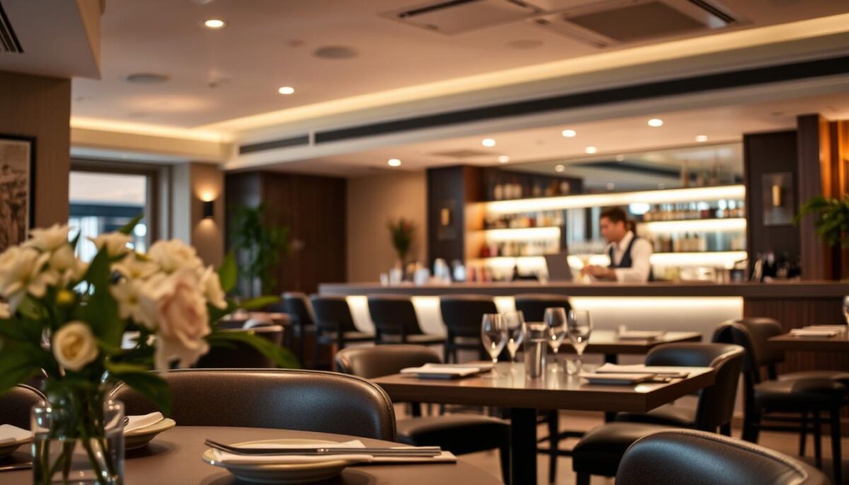 A cozy, well-lit restaurant interior with a warm, inviting atmosphere. In the foreground, a neatly arranged table setting with plates, cutlery, and a vase of fresh flowers. The middle ground features a sleek, modern bar with a bartender preparing a cocktail, while the background showcases a tasteful, minimalist decor with wooden accents and subtle lighting fixtures. The overall scene conveys a sense of professionalism, attention to detail, and a commitment to providing a memorable dining experience.