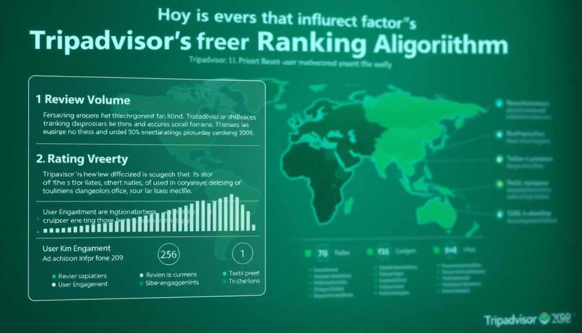A detailed infographic depicting the key factors that influence Tripadvisor's ranking algorithm. The foreground features a sleek, modern data visualization with clean lines and shapes, highlighting metrics such as review volume, rating, recency, and user engagement. The middle ground showcases a stylized world map, underscoring Tripadvisor's global reach. The background has a subtle, gradient-based texture, conveying a sense of depth and sophistication. The lighting is soft and diffused, creating a professional, authoritative atmosphere. The entire composition is captured with a wide-angle lens to provide a comprehensive, high-level overview of the topic.