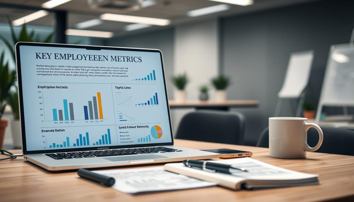 A detailed infographic showcasing key employee retention metrics displayed on a modern office desk. A sleek, minimalist layout with clean typography and well-organized data visualizations. The foreground features a laptop screen, a pen, and a notebook with neatly arranged bar graphs, line charts, and pie charts. The middle ground has a smart phone and a coffee mug, while the background shows a blurred office environment with potted plants and a whiteboard. Bright, indirect lighting creates a professional, data-driven atmosphere. The overall composition conveys a sense of analytical insights and data-driven decision making.