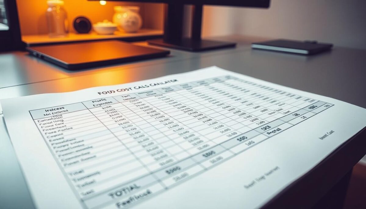 A detailed spreadsheet with a food cost calculator layout, displaying itemized food costs, profit margins, and total overall expenditure. The spreadsheet is backlit by a warm, ambient lighting, creating a professional and analytical atmosphere. The calculator results are presented on a sleek, modern desk with a minimal design, allowing the data to be the focal point. The angle is slightly elevated, giving the viewer a sense of authority and decision-making. The mood is one of careful consideration and financial optimization, reflecting the content of the article's "Understanding Your Food Cost Calculator Results" section.