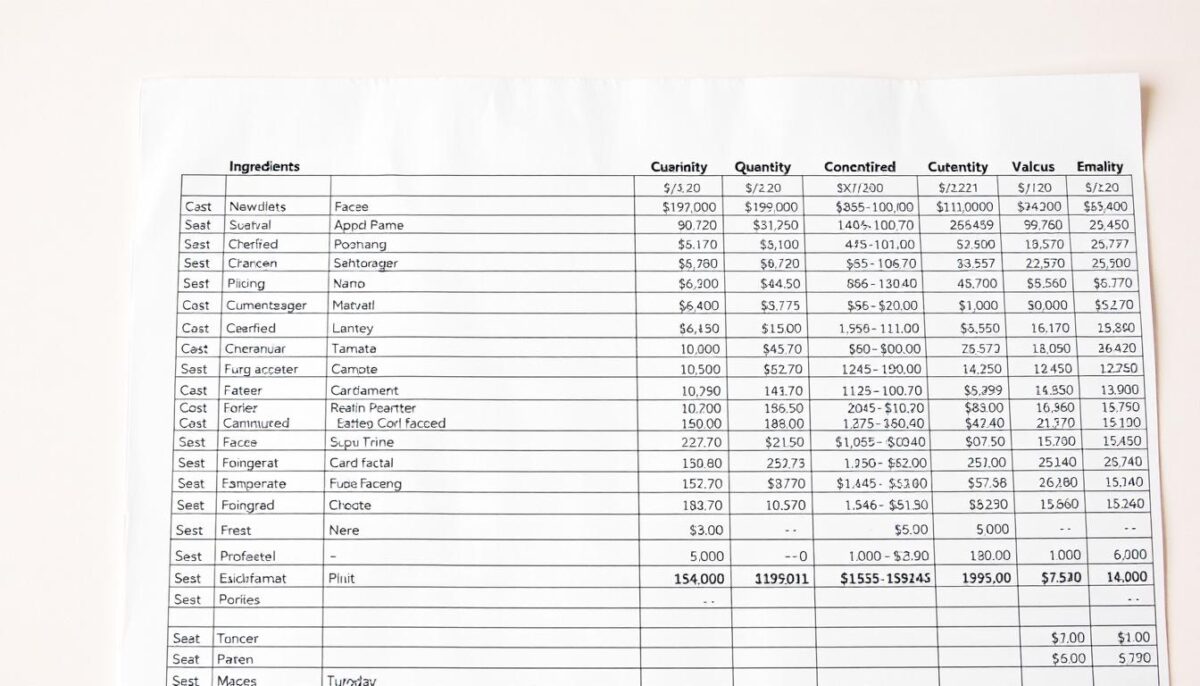 A detailed spreadsheet with various line items, including ingredients, quantities, prices, and calculations. The spreadsheet is set against a neutral, clean background, with soft, warm lighting illuminating the document. The composition emphasizes the organization and precision of the cost calculations, conveying a sense of financial diligence and attention to detail. The overall mood is one of professionalism and careful planning, reflecting the step-by-step guide to calculating current food costs.