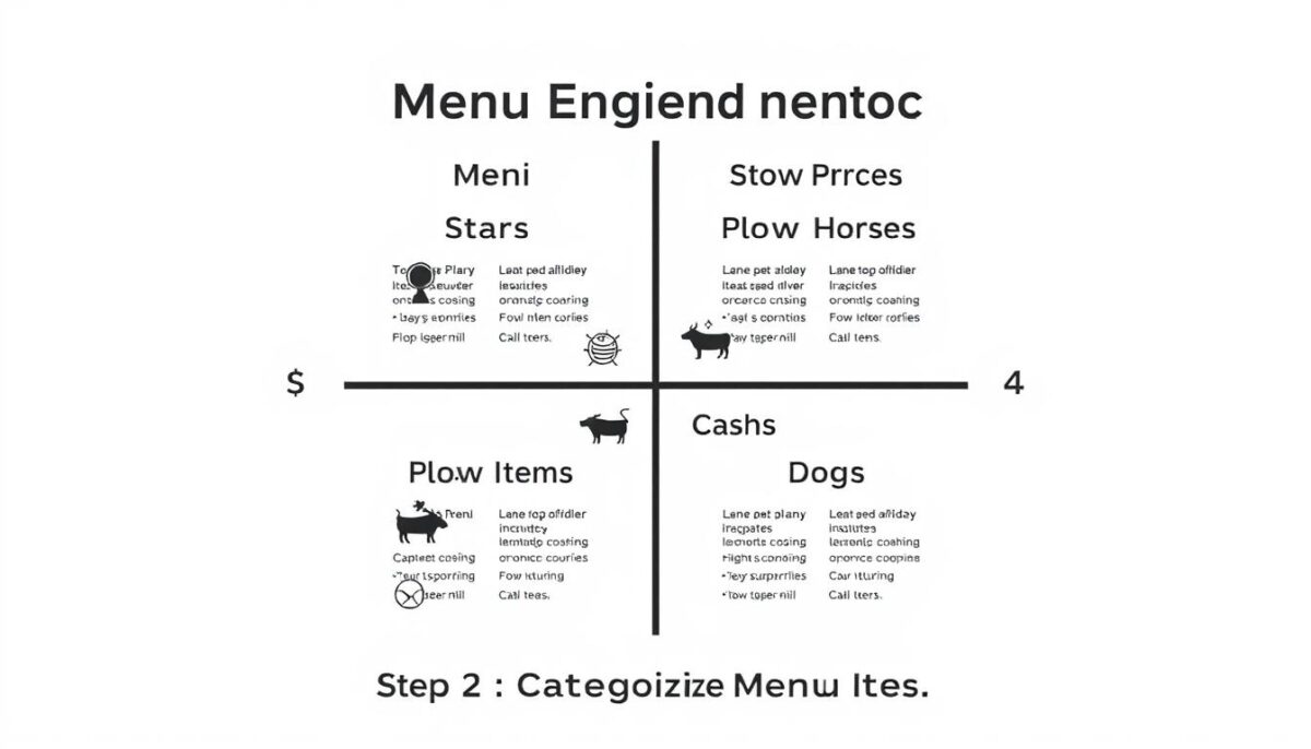 A detailed, well-lit digital illustration of a "menu engineering matrix" against a clean, minimalist backdrop. The matrix features four quadrants representing the strategic categories of menu items: "Stars", "Plow Horses", "Cash Cows", and "Dogs". Each quadrant is clearly labeled and visually distinct, with carefully arranged icons or symbols representing the different item types. The overall design is sleek, modern, and highly informative, capturing the essence of the "Step 2: Categorizing Menu Items" section of the "Menu Engineering: Designing a Profitable Restaurant Menu" article.