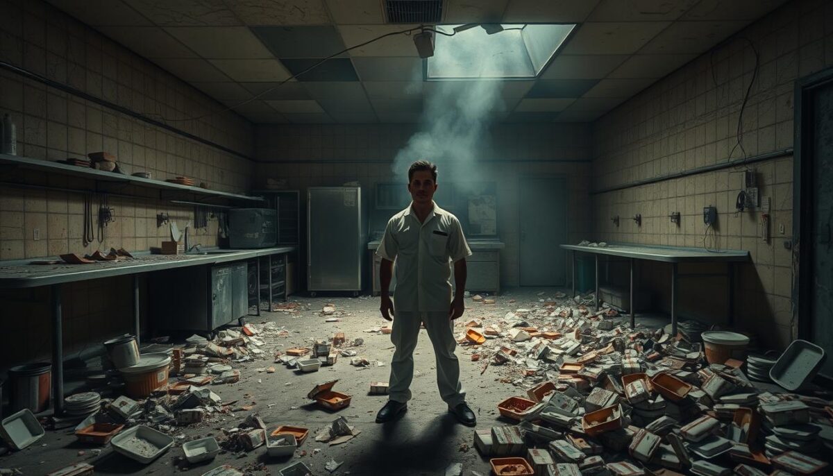 A dilapidated ghost kitchen, its once-gleaming surfaces now dull and cracked. Discarded food containers litter the floor, a testament to hastily abandoned dreams. In the foreground, a lone employee stands amidst the chaos, their expression one of defeat. Harsh, overhead lighting casts long shadows, exacerbating the sense of despair. The background is shrouded in a hazy, oppressive atmosphere, as if the very air is weighted with the burden of failure. The scene is a stark contrast to the promise of efficiency and profitability that once lured budding entrepreneurs into the world of ghost kitchens.