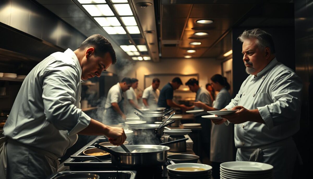 A dimly lit commercial kitchen, the air thick with tension. In the foreground, a chef in a crisp white uniform frantically moves between sizzling pans, brows furrowed in concentration. The middle ground reveals a chaotic dance of line cooks, each focused on their own task, plates moving swiftly between stations. In the background, the head chef barks orders, face etched with stress as they navigate the relentless pressure of a bustling service. Pools of light from overhead fixtures cast dramatic shadows, heightening the sense of urgency. The scene is a study in contrasts - the precision of culinary craft colliding with the raw energy of a kitchen under duress.