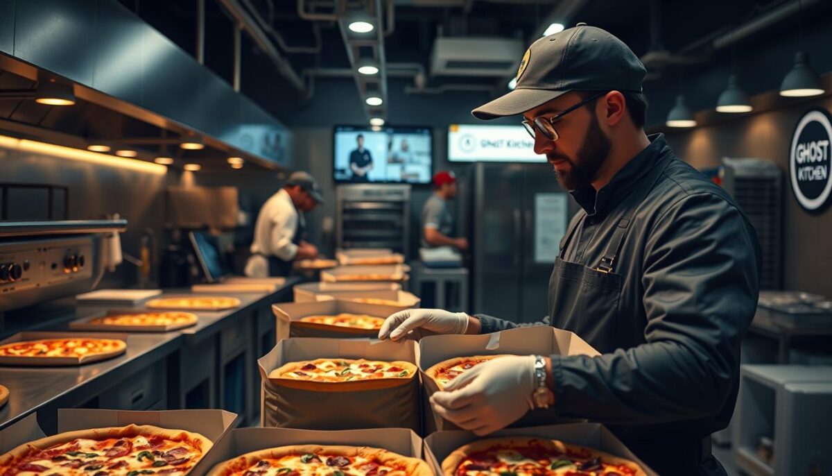 A dimly lit commercial kitchen with state-of-the-art equipment, a team of skilled chefs preparing gourmet pizzas with precision. In the foreground, a delivery driver in a crisp uniform carefully packs the freshly baked pizzas into insulated bags, ready to be whisked away to eager customers. The middle ground showcases the efficient workflow, with order screens and digital tracking systems ensuring seamless logistics. In the background, the modern, minimalist decor and sleek branding convey a premium, technology-driven ghost kitchen operation. Soft, warm lighting casts a cozy, inviting atmosphere, while subtle details like branded packaging and signage cement the professionalism of this successful ghost kitchen pizza delivery model.