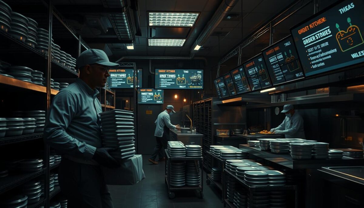 A dimly lit ghost kitchen, bustling with activity. In the foreground, a delivery driver in a sleek uniform carefully navigates a maze of shelves, grasping a stack of insulated food containers. The middle ground reveals stainless steel workstations where chefs expertly assemble orders, their movements choreographed with precision. In the background, a network of digital screens display real-time order statuses and delivery updates, casting a soft glow over the efficient, yet somewhat eerie atmosphere. The lighting is a mix of warm task lighting and cool, industrial overhead fixtures, creating a moody, almost cinematic ambiance. The overall scene conveys the challenges of managing the complex logistics of a ghost kitchen operation.