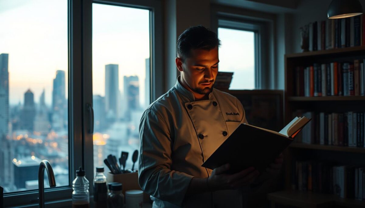 A dimly lit kitchen interior, with a chef standing in the foreground, facing a window overlooking a bustling city skyline. The chef is studying a book intently, their expression focused and determined. Soft, warm lighting from a nearby lamp illuminates their face, casting a pensive glow. In the middle ground, a well-stocked spice rack and various cooking utensils suggest a commitment to professional development. The background features a bookshelf filled with culinary and business-related volumes, hinting at the chef's dedication to expanding their knowledge and skills. The overall scene conveys a sense of quiet contemplation and a desire for personal and career growth, despite the challenges of a limited budget.