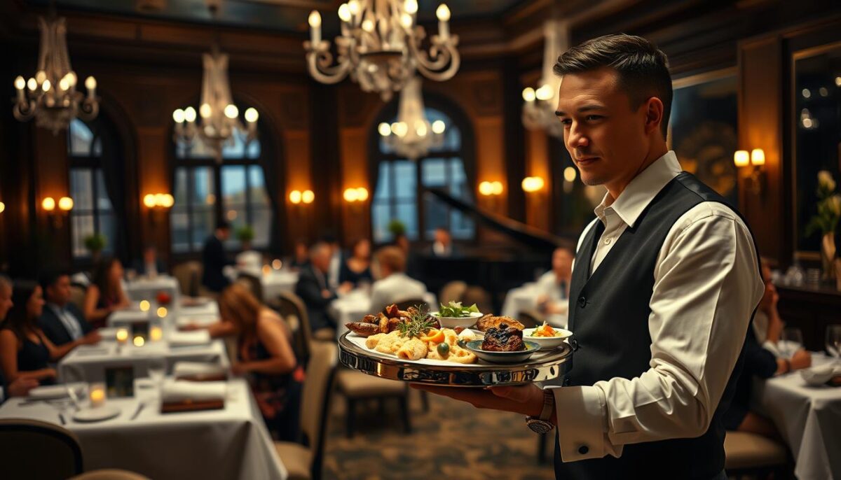 A dimly lit upscale restaurant interior, the soft glow of candles and elegant chandeliers casting a warm ambiance. In the foreground, an attentive server in a crisp white shirt and black waistcoat presents a silver tray laden with delectable dishes, their aromas wafting through the air. The middle ground features well-dressed patrons seated at white-clothed tables, engaged in lively conversation. In the background, a pianist plays a soothing melody on a grand piano, contributing to the refined, sophisticated atmosphere. The scene is captured with a shallow depth of field, drawing the viewer's focus to the meticulously presented service at the heart of the image.