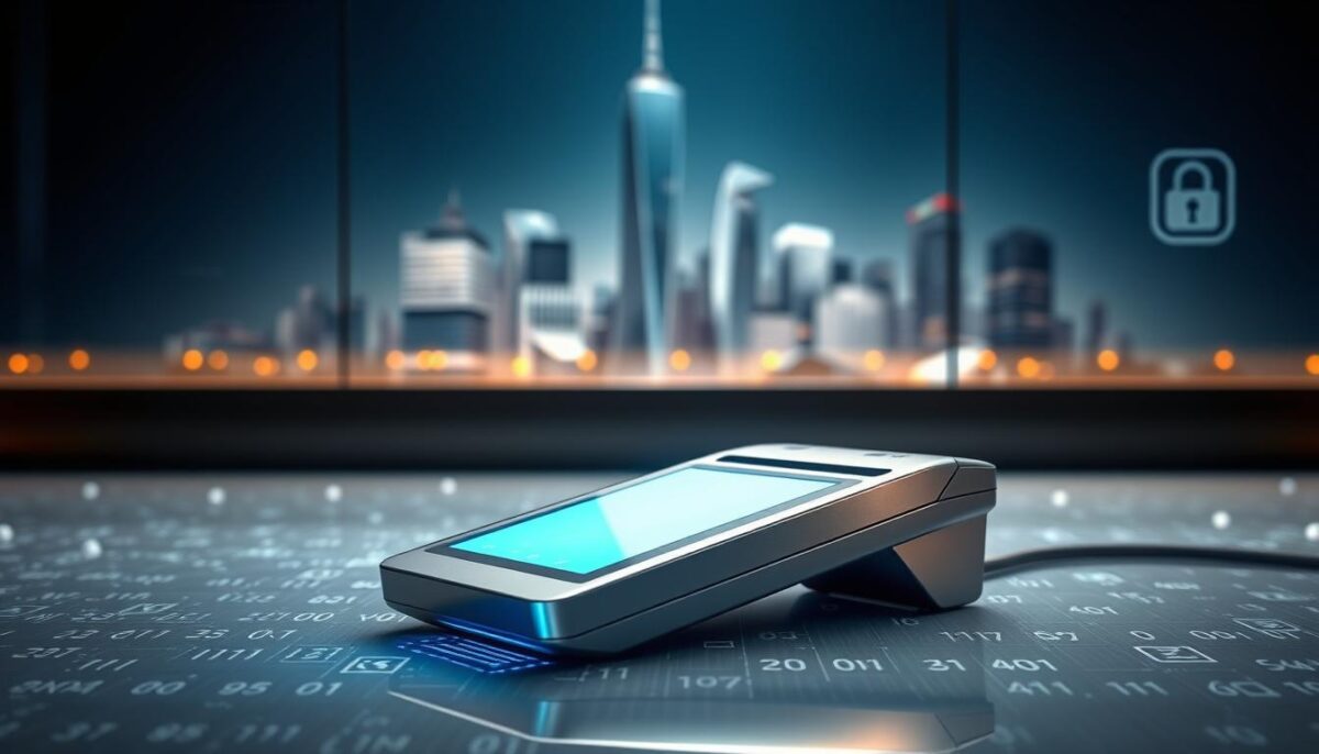 A futuristic digital payment terminal set against a sleek, minimalist backdrop. In the foreground, a gleaming metal device with a touch screen interface, casting a soft blue glow. Surrounding it, a field of blurred, secure data streams and encrypted symbols, conveying the notion of cutting-edge security. In the background, a stylized cityscape with towering glass skyscrapers, hinting at the urban setting. Soft, directional lighting illuminates the scene, creating a sense of technological sophistication and consumer trust. The overall composition evokes a future where seamless, secure transactions are the norm.