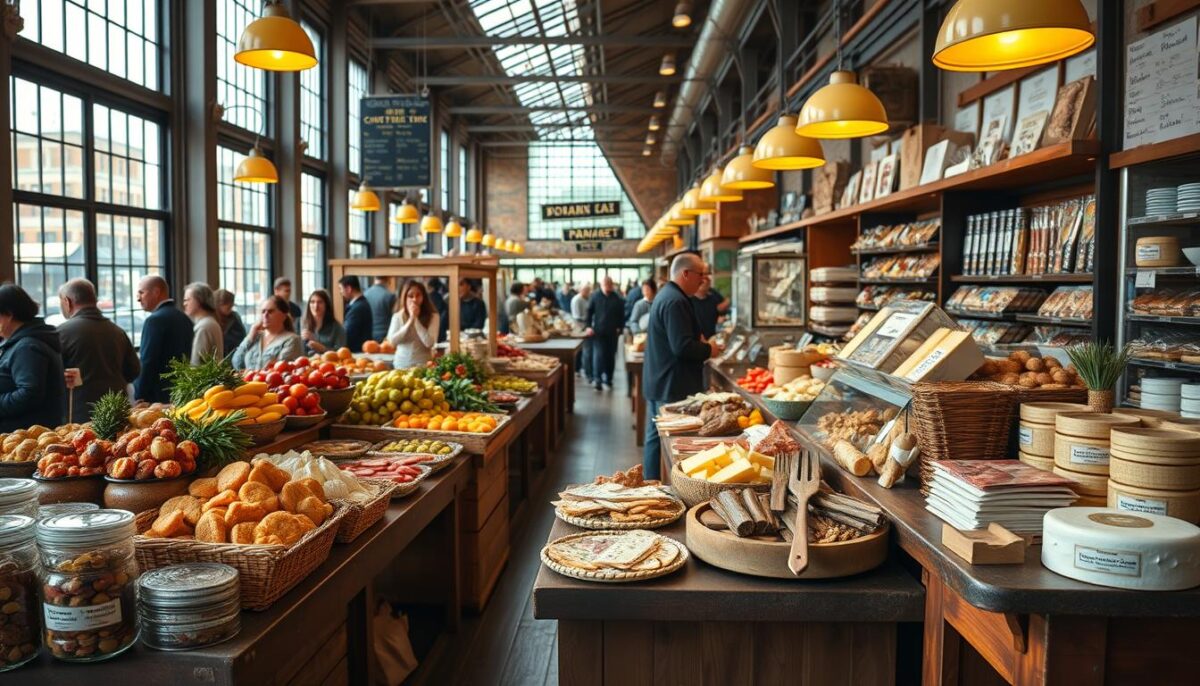 A gourmet display of artisanal prepared foods in a bustling New York City terminal market. Vibrant, colorful array of homemade baked goods, pickled vegetables, cured meats, and artisanal cheeses arranged on rustic wooden shelves and tables. Warm, natural lighting filters through large windows, casting a soft glow on the carefully curated selection. Shoppers browse the stalls, examining the high-quality, handcrafted delicacies. An atmosphere of culinary craftsmanship and local, seasonal produce pervades the scene. A wide-angle, detailed composition capturing the essence of this specialized food emporium.