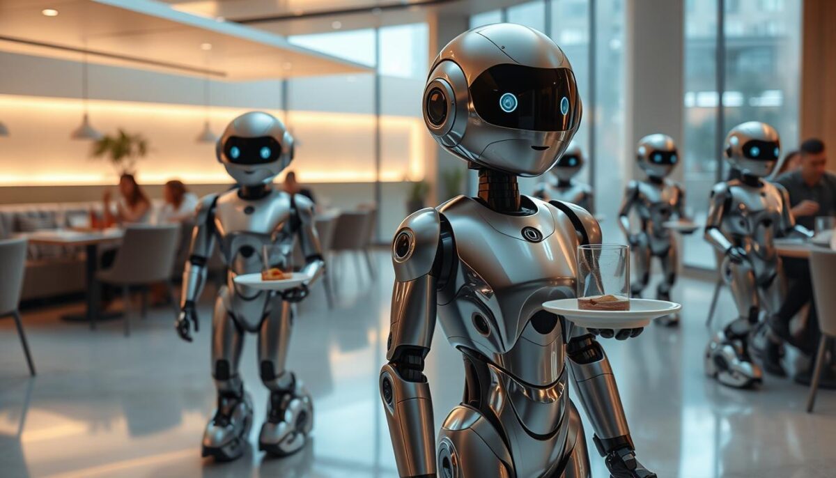 A group of sleek, futuristic restaurant robots glide effortlessly across a modern, minimalist dining space. The robots, with their polished chrome exteriors and graceful movements, seamlessly interact with patrons, delivering dishes, refilling drinks, and providing attentive service. Soft, ambient lighting casts a warm glow, creating a calming and inviting atmosphere. The robots' expressions convey a sense of attentiveness and eagerness to please, as they navigate the space with precision and efficiency. The overall scene evokes a sense of technological advancement and innovation, while still maintaining a welcoming and comfortable dining experience for the customers.