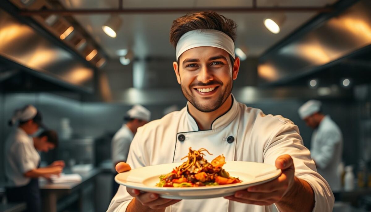 A hardworking chef in a pristine kitchen, their face beaming with pride as they present a beautifully plated dish. Warm lighting from overhead spotlights casts a soft glow, highlighting the chef's focused expression and the rich colors of the food. In the background, a team of sous chefs hustle, creating an atmosphere of dedication and accomplishment. The scene conveys a sense of recognition and reward, with the chef's skills and efforts celebrated through their artful creation.