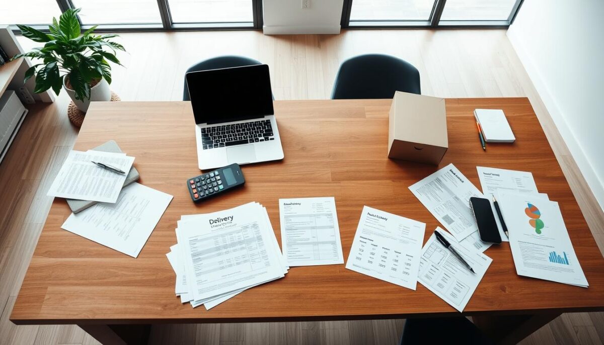 A high-angle view of a modern office setting, with a large wooden desk at the center. On the desk, a laptop, a calculator, and several papers scattered about, representing the various costs associated with delivery scheduling. The background is a clean, minimalist workspace, with floor-to-ceiling windows allowing natural light to pour in, creating a sense of professionalism and efficiency. The mood is one of thoughtful consideration, with the arrangement of the desk items suggesting the careful analysis of delivery logistics and their financial implications.
