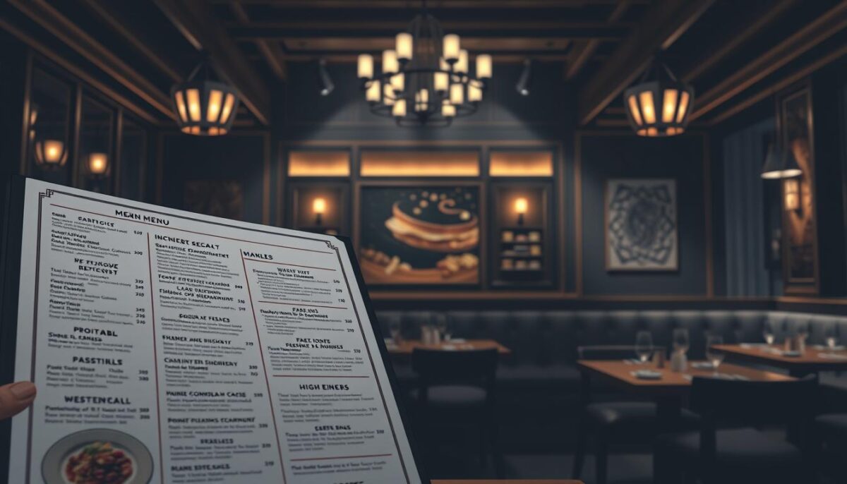 A high-contrast, architectural illustration of a restaurant menu design featuring various menu engineering techniques. Foreground depicts a close-up view of a physical menu, highlighting layout strategies like strategic item placement, pricing psychology, and visual hierarchy. Middle ground showcases different menu item categories, with emphasis on profitable and high-margin dishes. Background depicts a dimly lit, elegant restaurant interior with warm lighting, wooden accents, and subtle textural details. Cinematic, dramatic lighting casts dramatic shadows, creating a sophisticated, upscale ambiance. Render in a clean, technical illustration style using a limited color palette of grays, blacks, and muted earth tones.