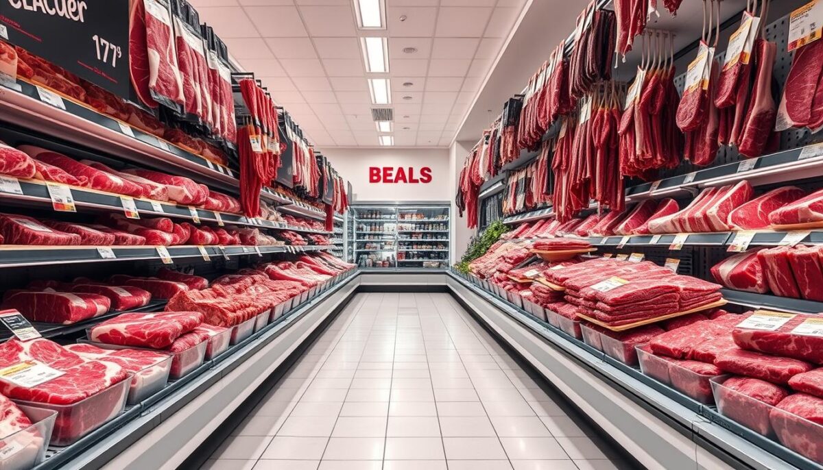 A high-contrast image of a supermarket aisle showcasing a wide variety of fresh beef cuts, with price tags prominently displayed. The scene is well-lit, with a clean and organized layout, creating a sense of abundance and consumer choice. The background features clean white shelving and a tiled floor, drawing the viewer's attention to the foreground. The beef cuts are arranged in an appealing and appetizing manner, highlighting their quality and freshness. The overall mood is one of a well-stocked, modern grocery store, conveying the idea of accessible and affordable meat options for savvy shoppers.