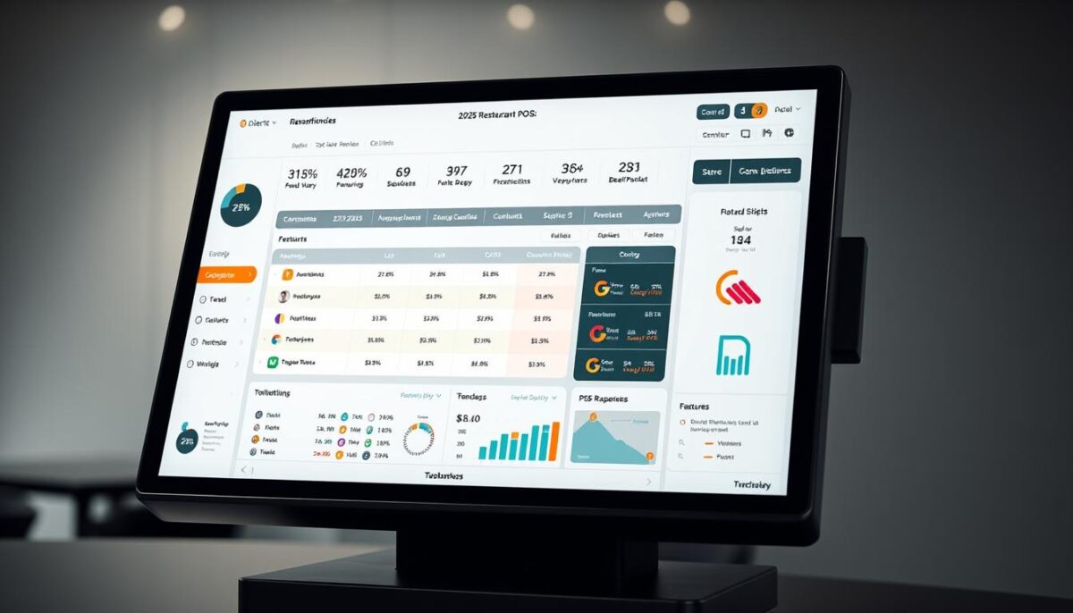 A high-contrast, wide-angle shot of a sleek, modern restaurant POS system interface displayed on a large, high-resolution touchscreen. The system's dashboard shows a comprehensive comparison of the top contenders in the 2025 restaurant POS market, with detailed statistics, feature breakdowns, and side-by-side comparisons. The interface has a clean, minimalist design with intuitive navigation, crisp typography, and vibrant data visualizations. The background is a softly blurred, high-key environment, evoking a professional, tech-forward setting. Dramatic studio lighting creates deep shadows and highlights the system's elegant hardware and streamlined aesthetics.