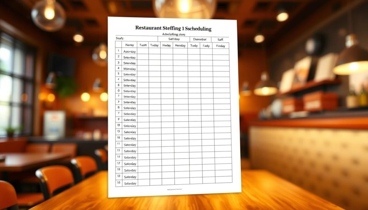 A high-resolution, detailed illustration of a restaurant staff scheduling template. The template is displayed prominently in the foreground, with a clean, minimalist design featuring rows and columns for staff names, shift times, and other scheduling information. The background depicts a softly blurred restaurant interior, with warm lighting and a cozy, welcoming atmosphere. The overall composition conveys a sense of efficiency, organization, and professionalism, perfectly suited for the "My 10-Minute Scheduling System: Overview" section of the article.