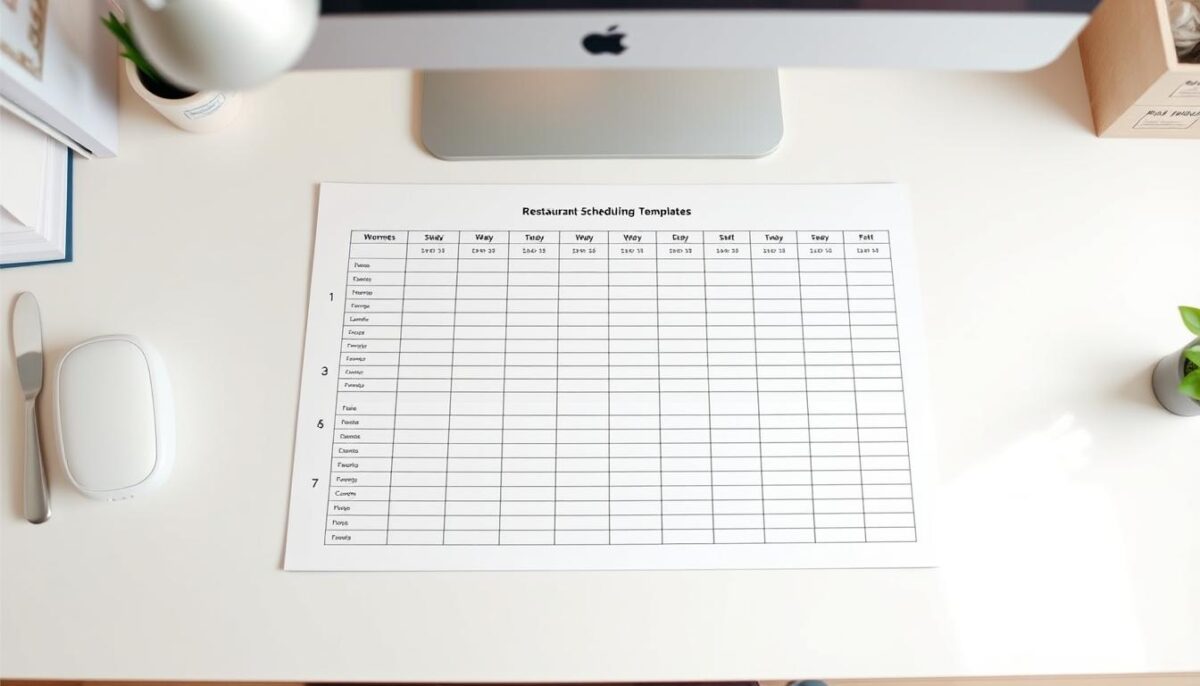A high-resolution, meticulously detailed image of a restaurant scheduling template displayed on a white office desk. The template has a clean, minimalist design with rows and columns for staff names, shift times, and other key information. The background is softly lit, creating a warm, professional atmosphere. The angle is slightly overhead, giving a clear view of the template's layout and structure. The image conveys a sense of organization, efficiency, and the practical utility of this tool for restaurant staff scheduling.
