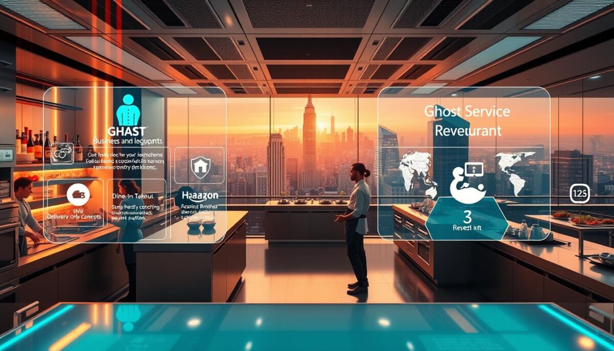 A large, modern virtual restaurant kitchen with a sleek, high-tech interior. In the foreground, holographic displays show various business models and revenue streams, such as ghost kitchens, delivery-only concepts, and hybrid dine-in/takeout operations. In the middle ground, chefs and servers in crisp uniforms efficiently coordinate orders and deliveries using advanced digital tools. In the background, a panoramic view of a bustling metropolis, conveying the urban, dynamic nature of the virtual restaurant industry. The scene is bathed in a warm, futuristic glow, evoking a sense of innovation and disruption in the food service sector.