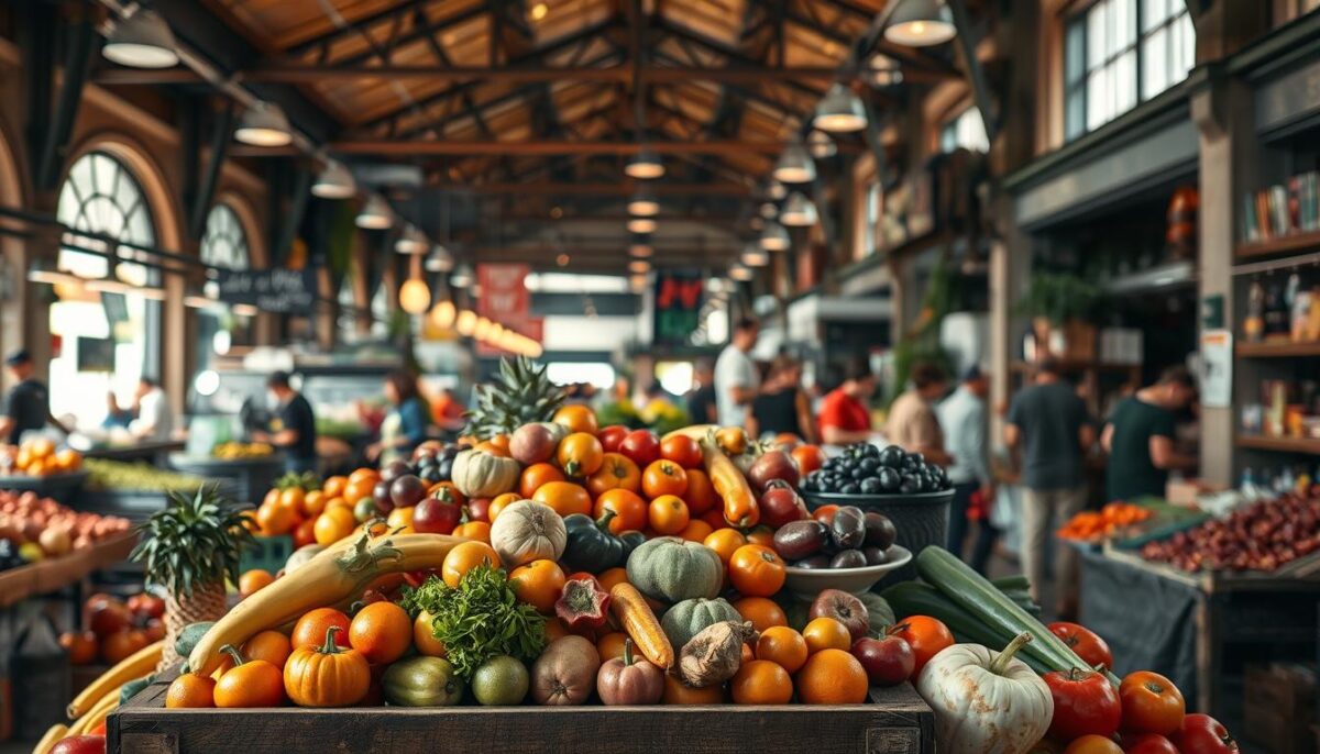 A lush, vibrant still life capturing the essence of seasonal produce at a bustling urban market. In the foreground, an abundance of colorful fruits and vegetables are artfully arranged on a rustic wooden crate, their textures and hues creating a captivating visual symphony. In the middle ground, the dynamic energy of the market comes to life, with vendors tending to their stalls and shoppers navigating the busy aisles. The background is filled with the architectural details of the market's industrial-chic interior, bathed in warm, natural lighting that casts subtle shadows and highlights the freshness of the seasonal bounty. The overall atmosphere is one of vibrancy, authenticity, and a celebration of the local, seasonal ingredients that are the lifeblood of any great chef's kitchen.