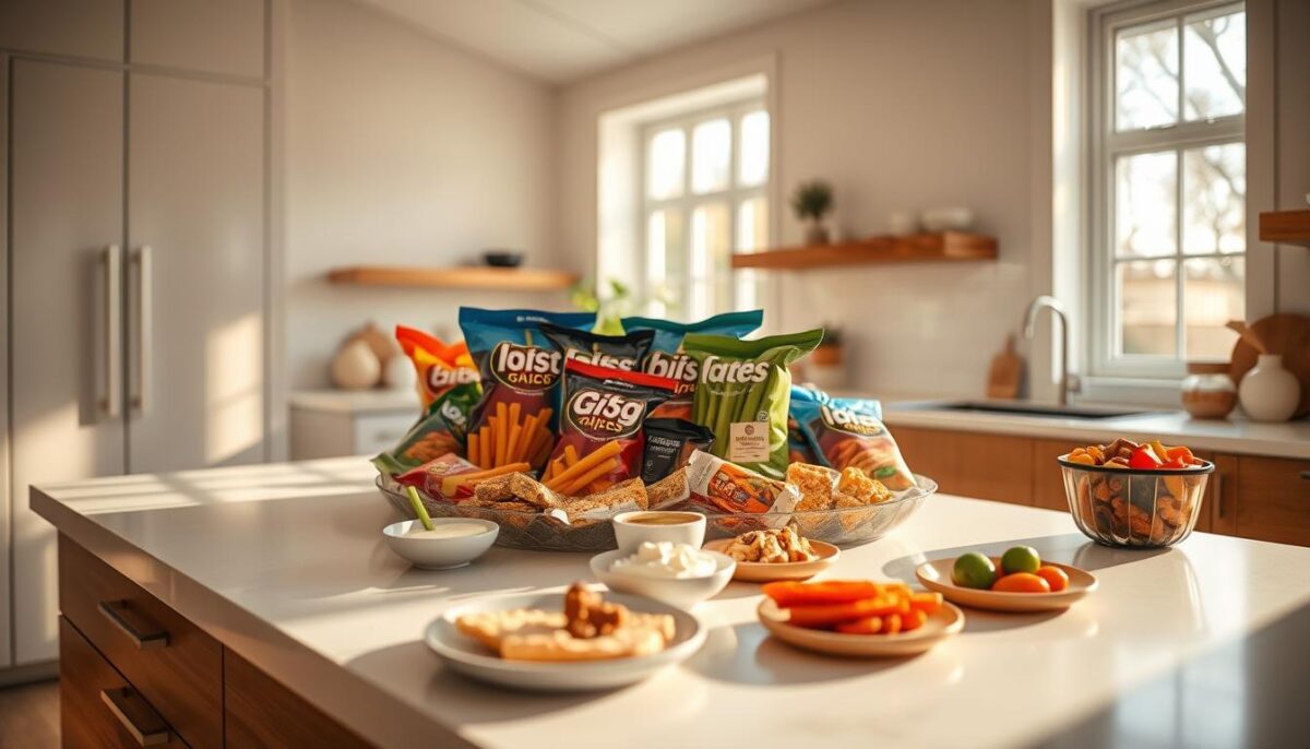 A minimalist kitchen counter, bathed in warm, natural light from large windows. Atop the counter, an assortment of various snack items artfully arranged - colorful bags of chips, veggie sticks, bite-sized energy bars, and small plates of dips and spreads. The camera angle captures the scene from a slightly elevated perspective, emphasizing the inviting, casual ambiance. The overall mood is one of modern, healthy indulgence, reflecting the growing trend towards snacking as a lifestyle rather than a guilty pleasure. Subtle shadows and highlights add depth and dimension to the scene, creating a visually appealing and appetizing image.